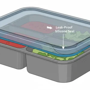Detailed graphic of the leak-proof silicone seal on a 3 compartment lunch box lid.