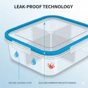 A technical diagram highlighting the airtight and leak-proof lid design of these 3 compartment containers.