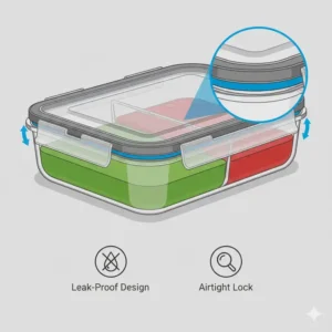 Close-up view of the airtight and leak-proof lid sealing system of the 3 compartment food storage containers.