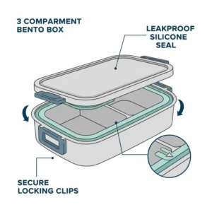 A technical diagram demonstrating the leakproof seal and secure locking clips of the 3 compartment bento box to prevent spills between sections.