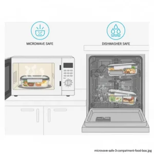 Illustration demonstrating a 3 compartment food box being used in a microwave and a dishwasher for easy cleaning.