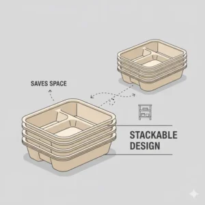 Illustration showing how to save space by stacking 3 compartment food containers disposable neatly.