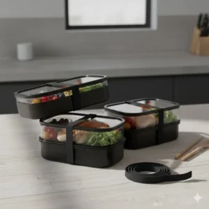 Close-up view of the two separate, stackable compartments and securing strap of the 2 tier bento box for diverse meal options.