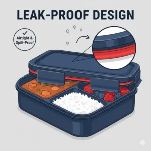 Close-up illustration of the tight, leak-proof seal on the lid of the 3 compartment bento box, ensuring different foods won't mix.