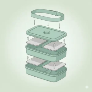 An illustration highlighting the removable inner dividers in the bottom compartment of the 2 tier bento lunch box.