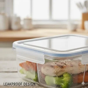 Close-up on the leakproof seal of the 3 compartment container with lid securing contents.