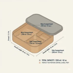 A graphic detailing the exact dimensions and internal capacity of each of the 3 compartment bento box sections for portion control and packing.