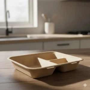 Close-up shot emphasizing the biodegradable material of the 3 compartment bento box disposable.