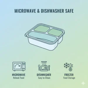 Icons demonstrating that these 3 compartment containers are fully microwave, dishwasher, and freezer safe.