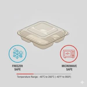 Graphic demonstrating the microwave and freezer safety of these 3 compartment food containers disposable.