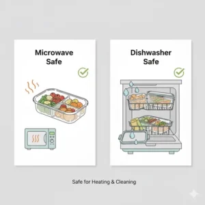 Icon set showing that these 3 compartment food storage containers are safe for use in microwaves and dishwashers.