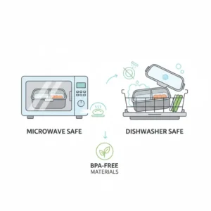Icons showing that the 3 compartment lunch box is microwave-safe and dishwasher-safe.