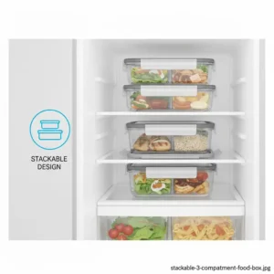 A stack of 3 compartment food box units neatly organized in a refrigerator to save space.