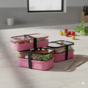 Stylish pink 2 tier bento box, a durable and reusable option for carrying your daily lunch.