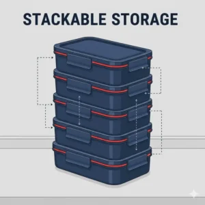 Graphic demonstrating how multiple 3 compartment bento boxes can be efficiently stacked for easy kitchen storage.