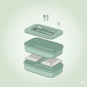 Image showing the dedicated, built-in storage slot in the top lid for the included fork and spoon with the 2 tier bento lunch box.