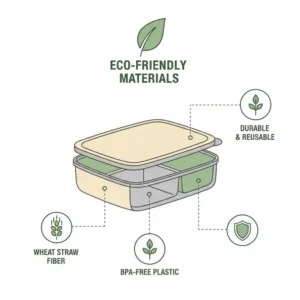 Illustration highlighting the high-quality and durable materials of the 3 compartment lunch box.