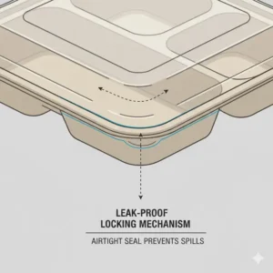Close-up view of the secure locking lid design on 3 compartment food containers disposable.