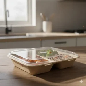 Securely sealed 3 compartment bento box disposable with a leak-proof lid, ready for safe food transport.