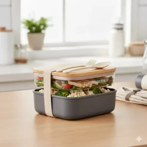 Compact 2 layer lunch box featuring a convenient top slot for storing included reusable utensils.