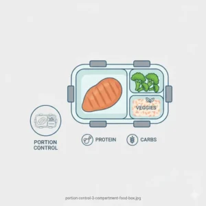 Infographic showing how a 3 compartment food box helps with portion control by separating proteins, carbs, and vegetables