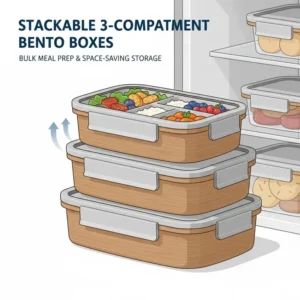 An image showcasing the stackability of multiple 3 compartment bento box containers for easy storage and organizing bulk meal preps in the refrigerator.