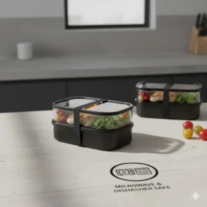 Graphic confirming the plastic 2 tier bento box is microwave and dishwasher safe for easy cleaning and reheating.