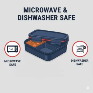 Iconographic image indicating that the 3 compartment bento container is safe for both microwave heating and cleaning in a dishwasher.