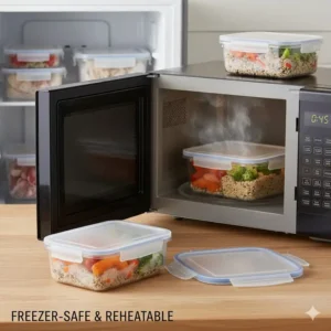 This microwave and freezer safe 3 compartment container with lid is perfect for reheating.