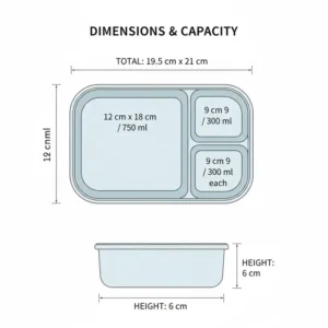 Technical diagram showing the exact dimensions and capacity of a 3 compartment lunch box.