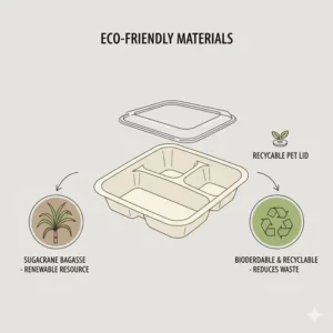 Visual breakdown of the sustainable materials used in 3 compartment food containers disposable.