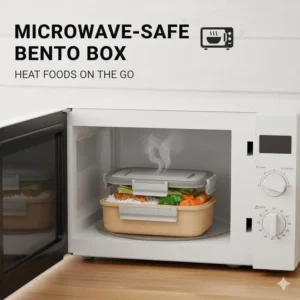 A photo or graphic showing the heat-safe materials, indicating the 3 compartment bento box is microwave-safe, perfect for warming up food on the go.