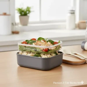 Example of a balanced meal packed inside the 2 layer lunch box, showing separate storage for main and side dish.