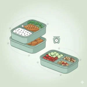 A visual demonstrating how the separate compartments in the 2 tier bento lunch box help with balanced portion control for meals.
