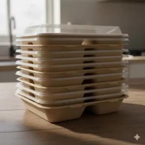 Empty 3 compartment bento box disposable containers neatly stacked for efficient storage in a kitchen.