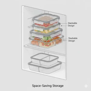 Demonstration of the space-saving stackable feature of the 3 compartment food storage containers inside a fridge.