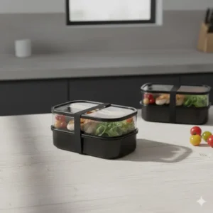 Innovative lid design on the two tier bento box that includes a designated holder for reusable chopsticks and a fork.