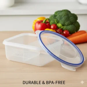 Detail of the BPA-free material used for the 3 compartment container with lid.
