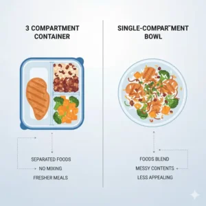A side-by-side comparison showing the benefits of using 3 compartment containers versus standard single section bowls.