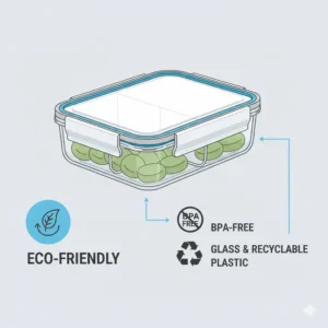 Illustration highlighting the BPA-free and eco-friendly materials used in the construction of a 3 compartment food box.
