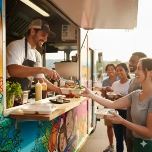A chef preparing an order in a 3 compartment bento box disposable at a busy food truck.