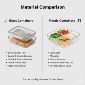 Side-by-side comparison between glass and plastic versions of 3 compartment food storage containers.
