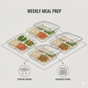 Healthy portion control meal planning using 3 compartment food containers disposable.