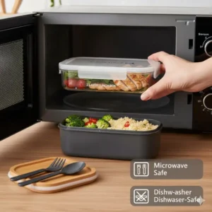 Microwave-safe and easy-to-clean double layer design of the 2 layer lunch box for quick reheating.