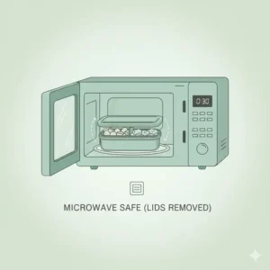 Graphic showing a person safely heating the base containers of the 2 tier bento lunch box in a microwave (lids removed).