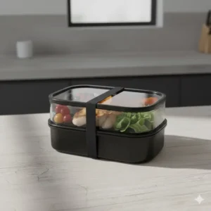 A healthy, prepped lunch arranged neatly inside a two-tier bento box, separating a main course from a fruit salad.