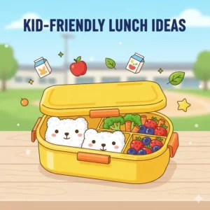 A fun illustration showing healthy food ideas packed for a child in a colorful 3 compartment bento box, perfect for school lunches.