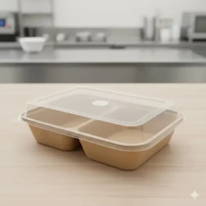 High angle view of a clean, empty 3 compartment bento box disposable with a transparent, anti-fog lid.