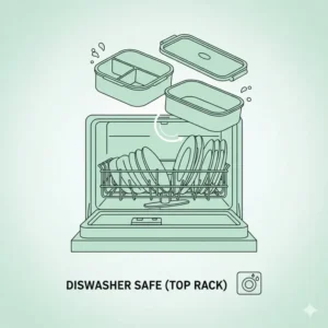 Graphic indicating that the components of the 2 tier bento lunch box are top-rack dishwasher safe for easy cleaning.