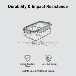 Illustration showing the heavy-duty durability and impact resistance of the 3 compartment food storage containers.